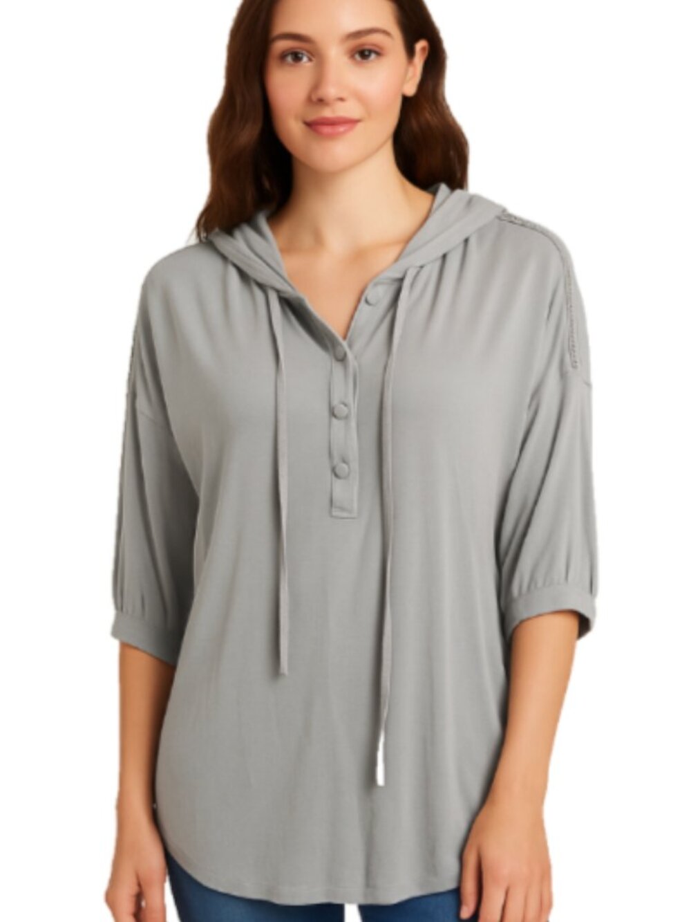 NEW POL Small Gray Henley Style Hooded Top Crochet Trim Drop Shoulder Lace Trim